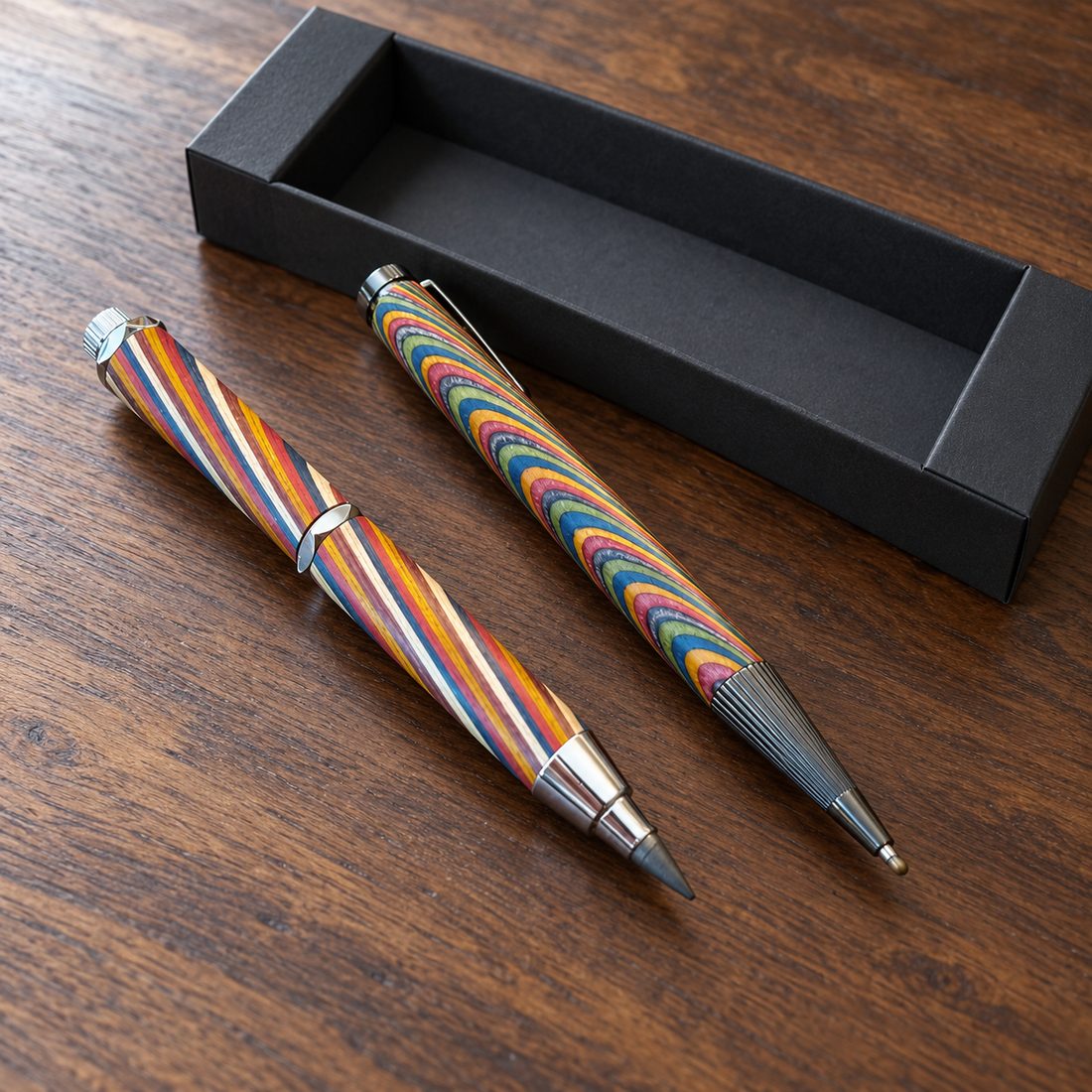 Una matita a mina larga e una penna a sfera in laminato multicolore su una scrivania di noce scuro, con la scatola regalo nera aperta dietro